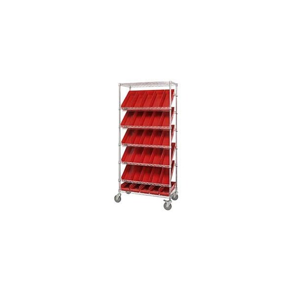 Global Industrial Easy Access Slant Shelf Chrome Wire Cart, 30 4inH Shelf Bins Red, 36Lx18Wx74H 269003RD - main